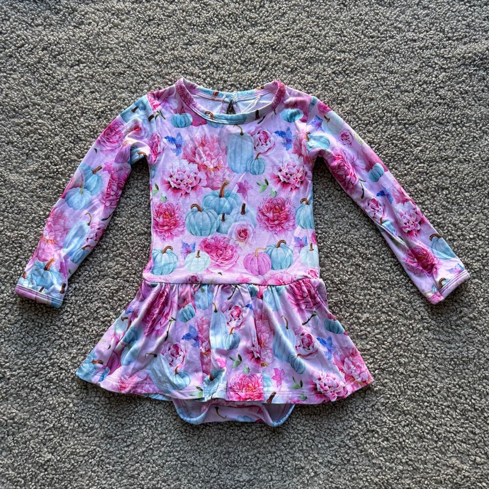 NWT Bums & Roses Pink Floral Pumpkin Bamboo Long Sleeve One Piece Ruffle 12-18M